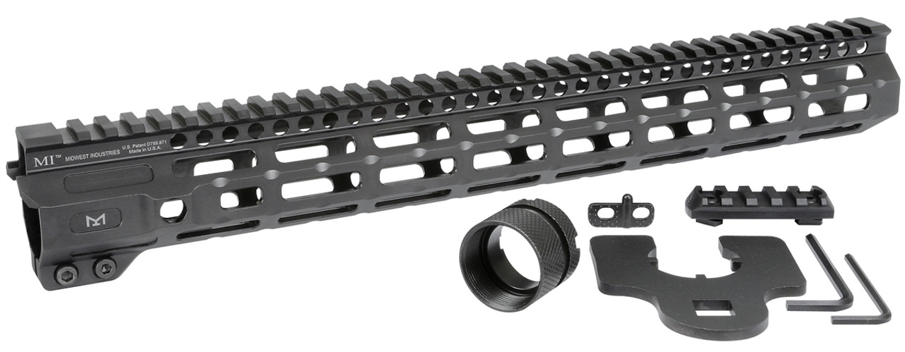 Midwest Industries Combat Rail One Piece Free Float Handguard with M-LOK and accessories, featuring a continuous Picatinny top rail.